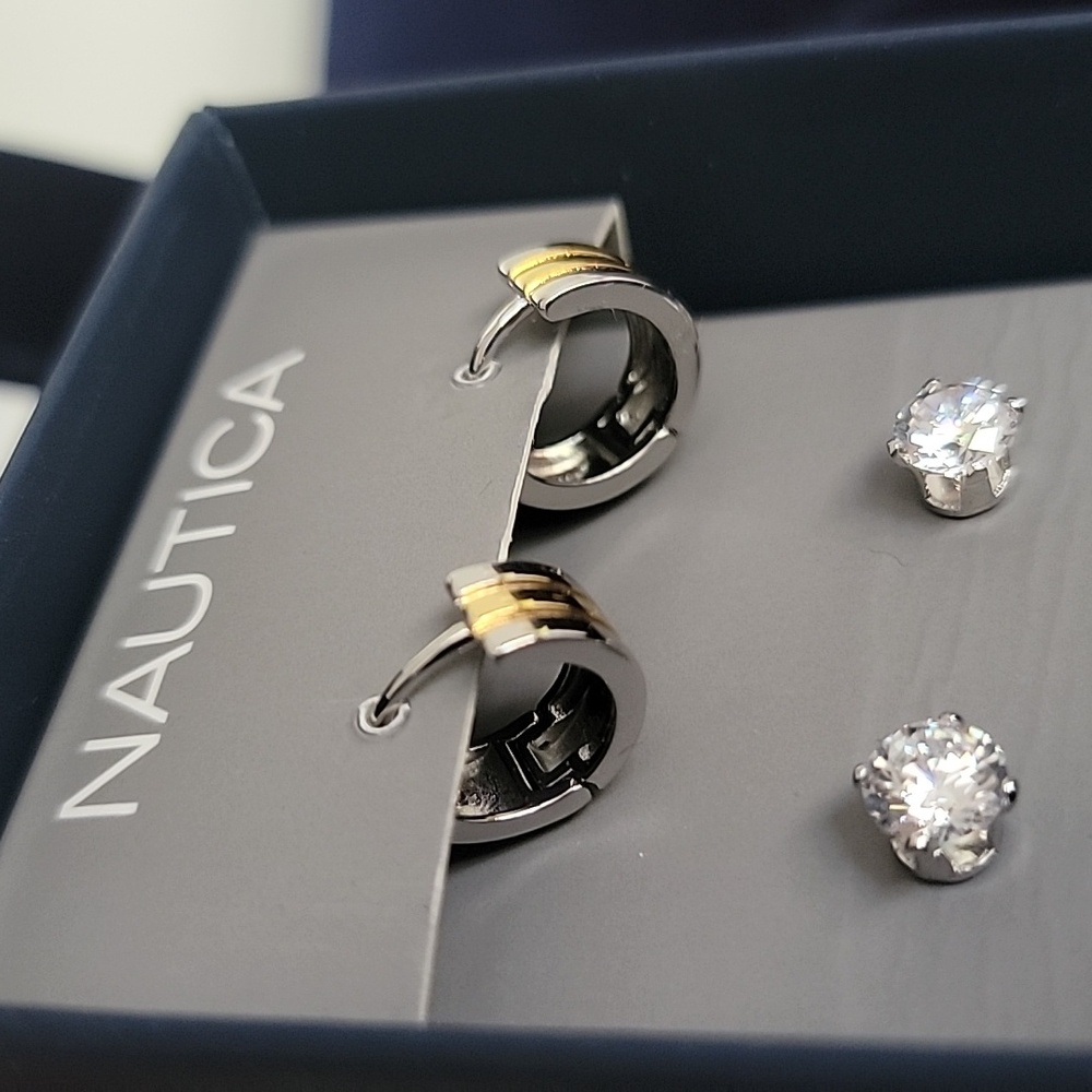 New Nautica 2 Pairs Earrings Silver & Gold & Cubic Zirconia Silver Post Mens - Picture 3 of 8